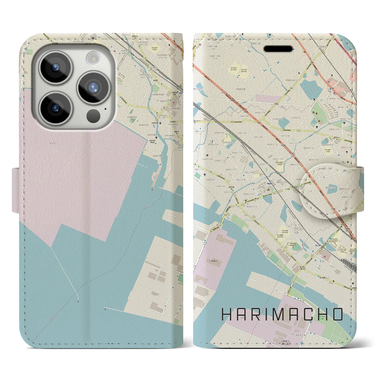【播磨町】地図柄iPhoneケース（手帳両面タイプ・ナチュラル）iPhone 15 Pro 用