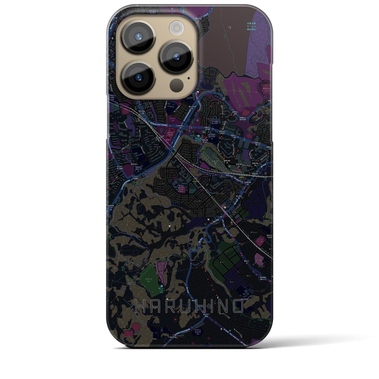 【はるひ野】地図柄iPhoneケース（バックカバータイプ・ブラック）iPhone 14 Pro Max 用