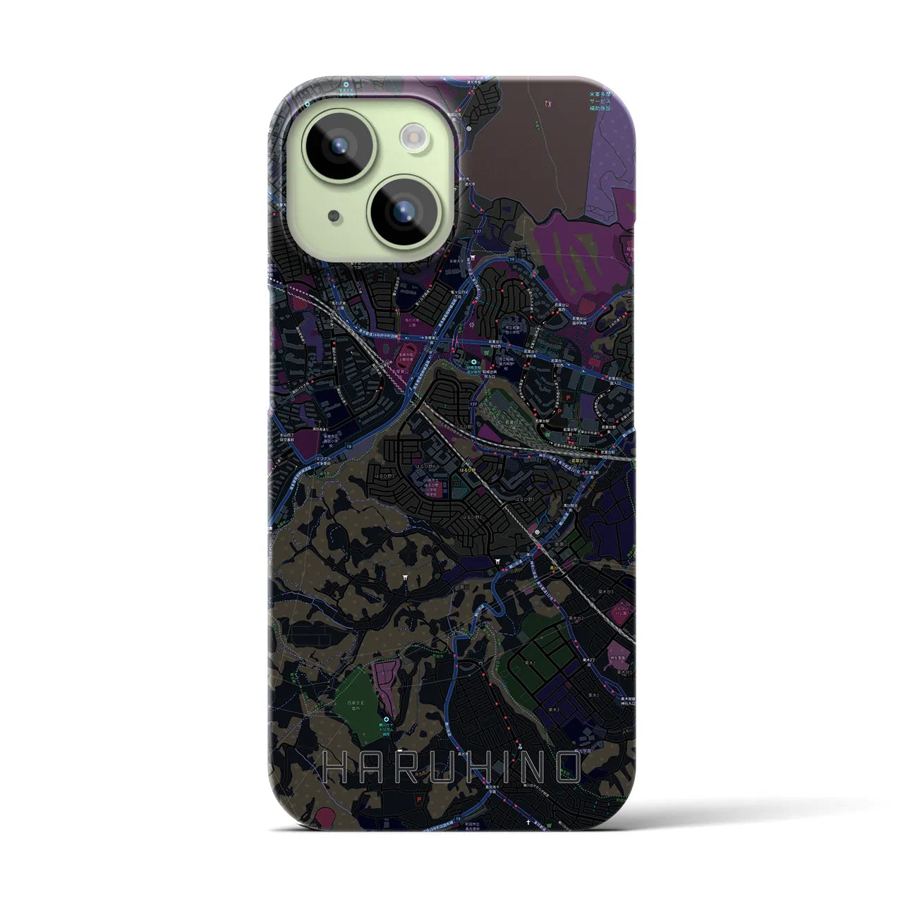 【はるひ野】地図柄iPhoneケース（バックカバータイプ・ブラック）iPhone 15 用