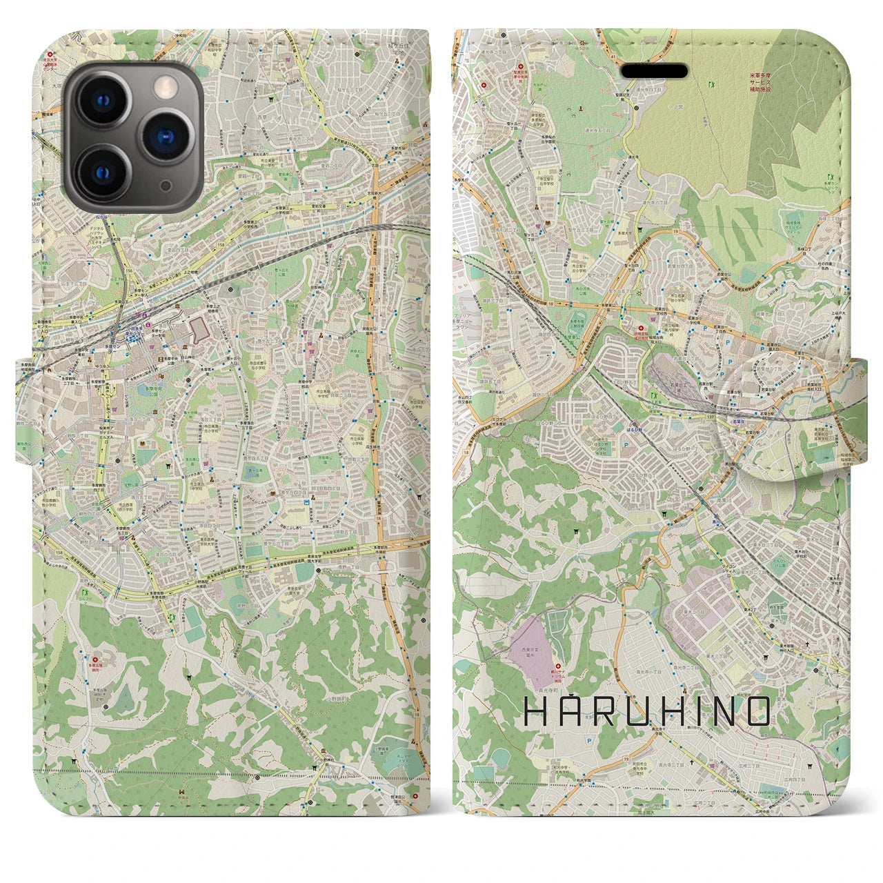 【はるひ野】地図柄iPhoneケース（手帳両面タイプ・ナチュラル）iPhone 11 Pro Max 用