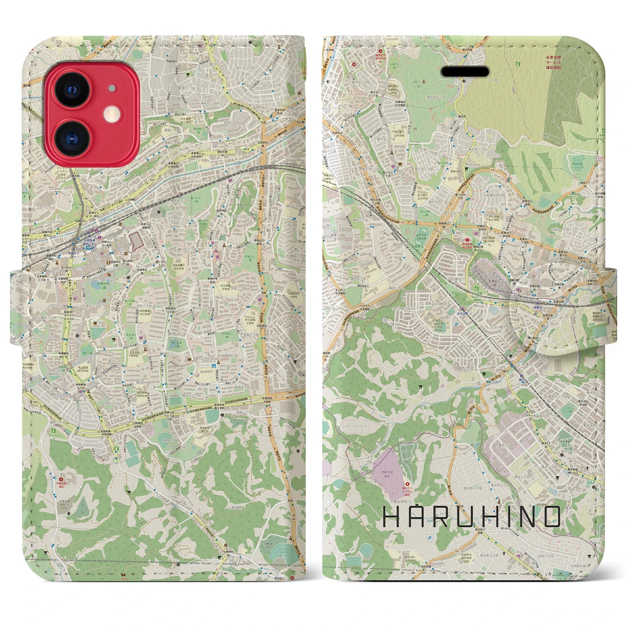 【はるひ野】地図柄iPhoneケース（手帳両面タイプ・ナチュラル）iPhone 11 用