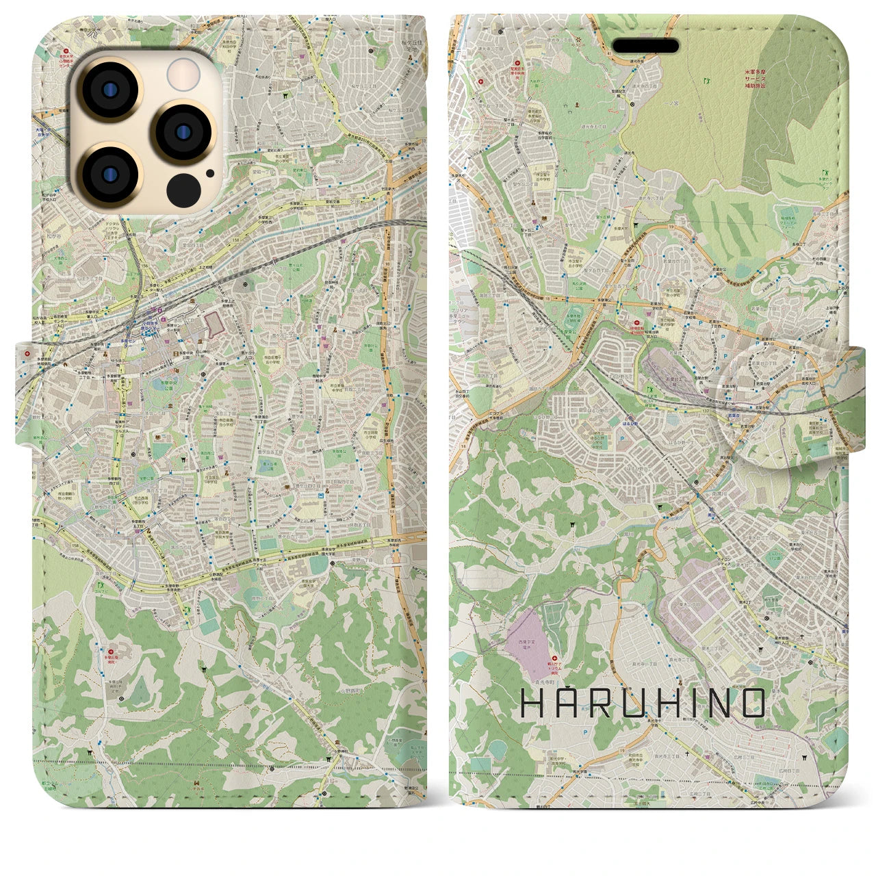 【はるひ野】地図柄iPhoneケース（手帳両面タイプ・ナチュラル）iPhone 12 Pro Max 用