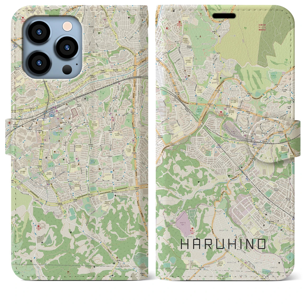 【はるひ野】地図柄iPhoneケース（手帳両面タイプ・ナチュラル）iPhone 13 Pro Max 用