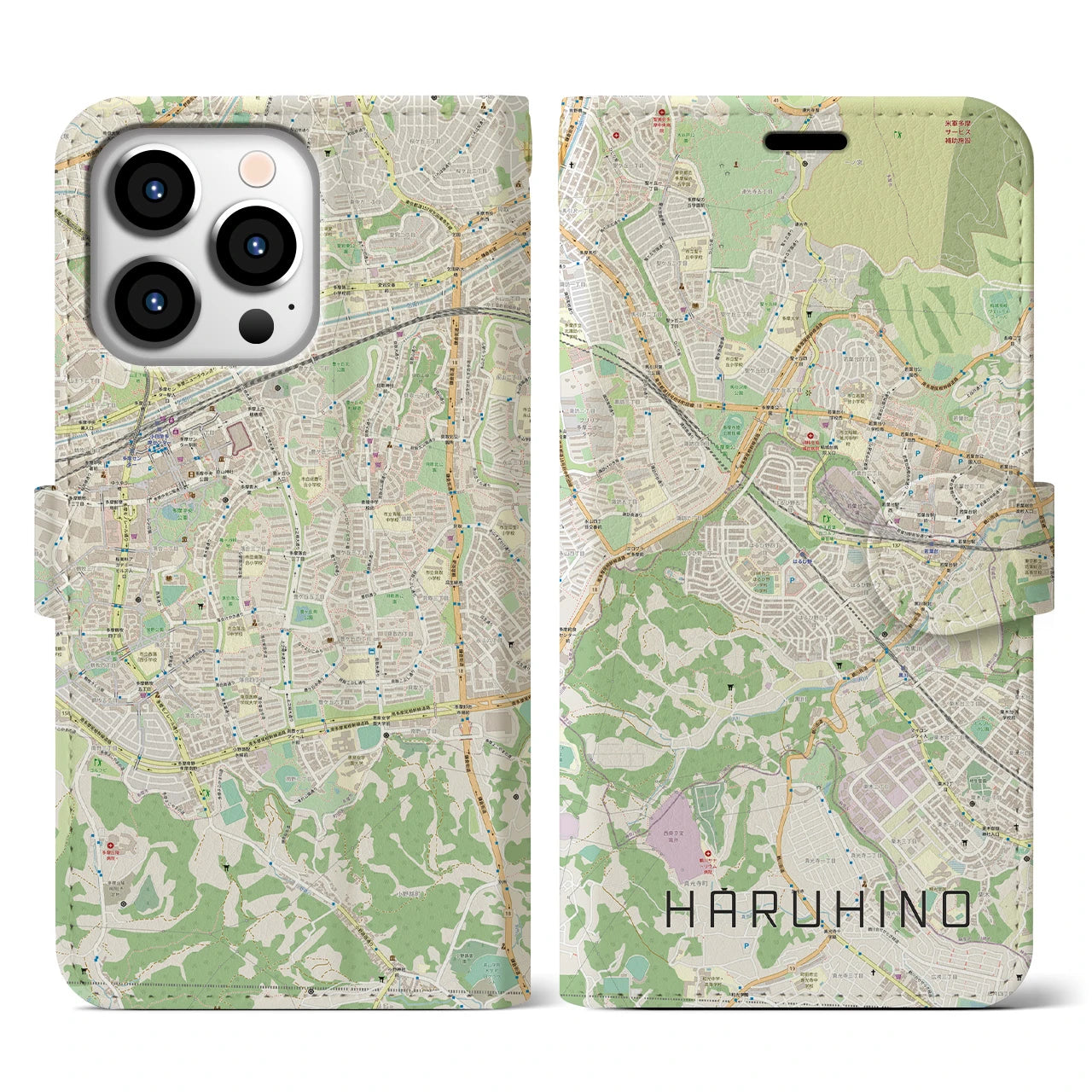 【はるひ野】地図柄iPhoneケース（手帳両面タイプ・ナチュラル）iPhone 13 Pro 用