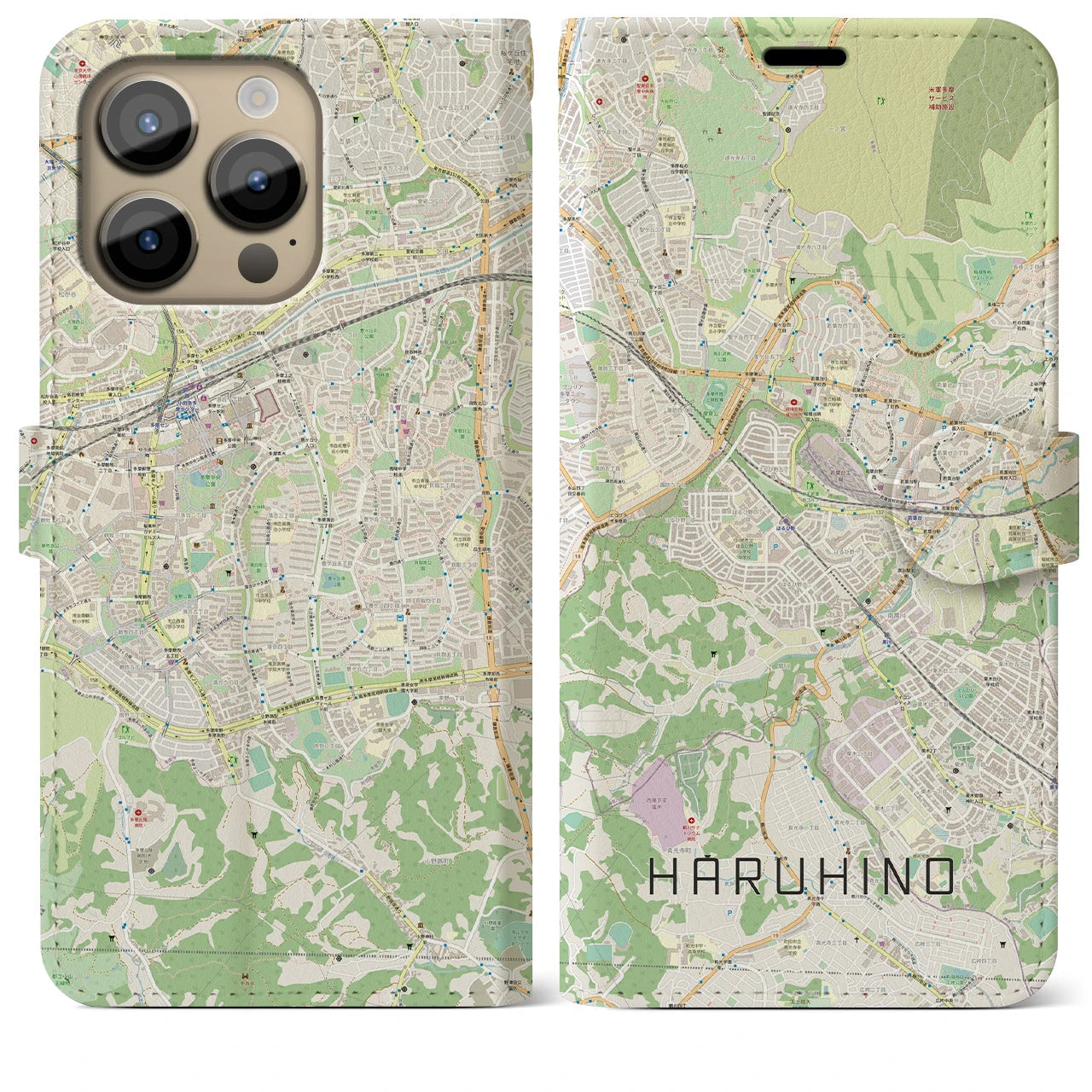 【はるひ野】地図柄iPhoneケース（手帳両面タイプ・ナチュラル）iPhone 14 Pro Max 用