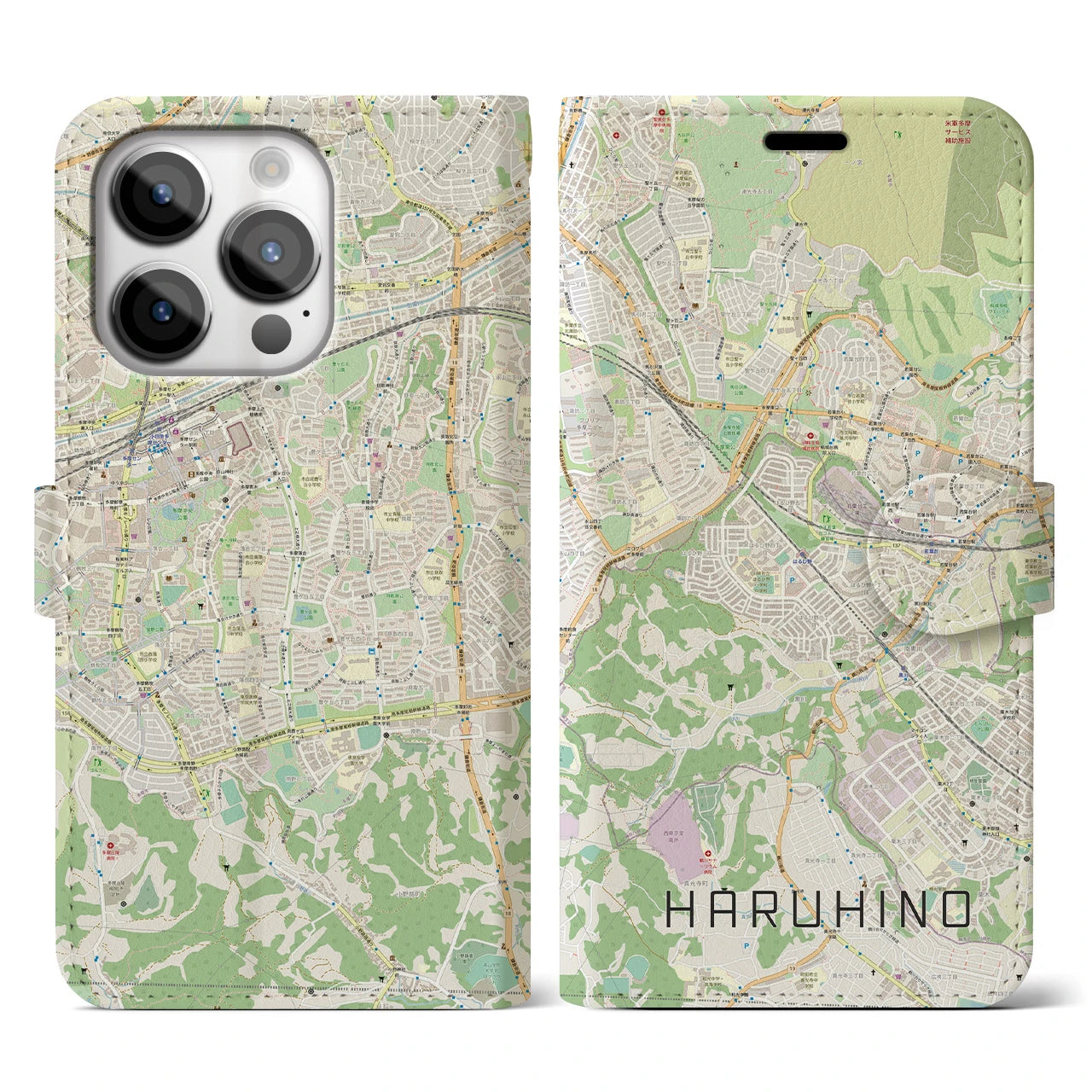 【はるひ野】地図柄iPhoneケース（手帳両面タイプ・ナチュラル）iPhone 14 Pro 用