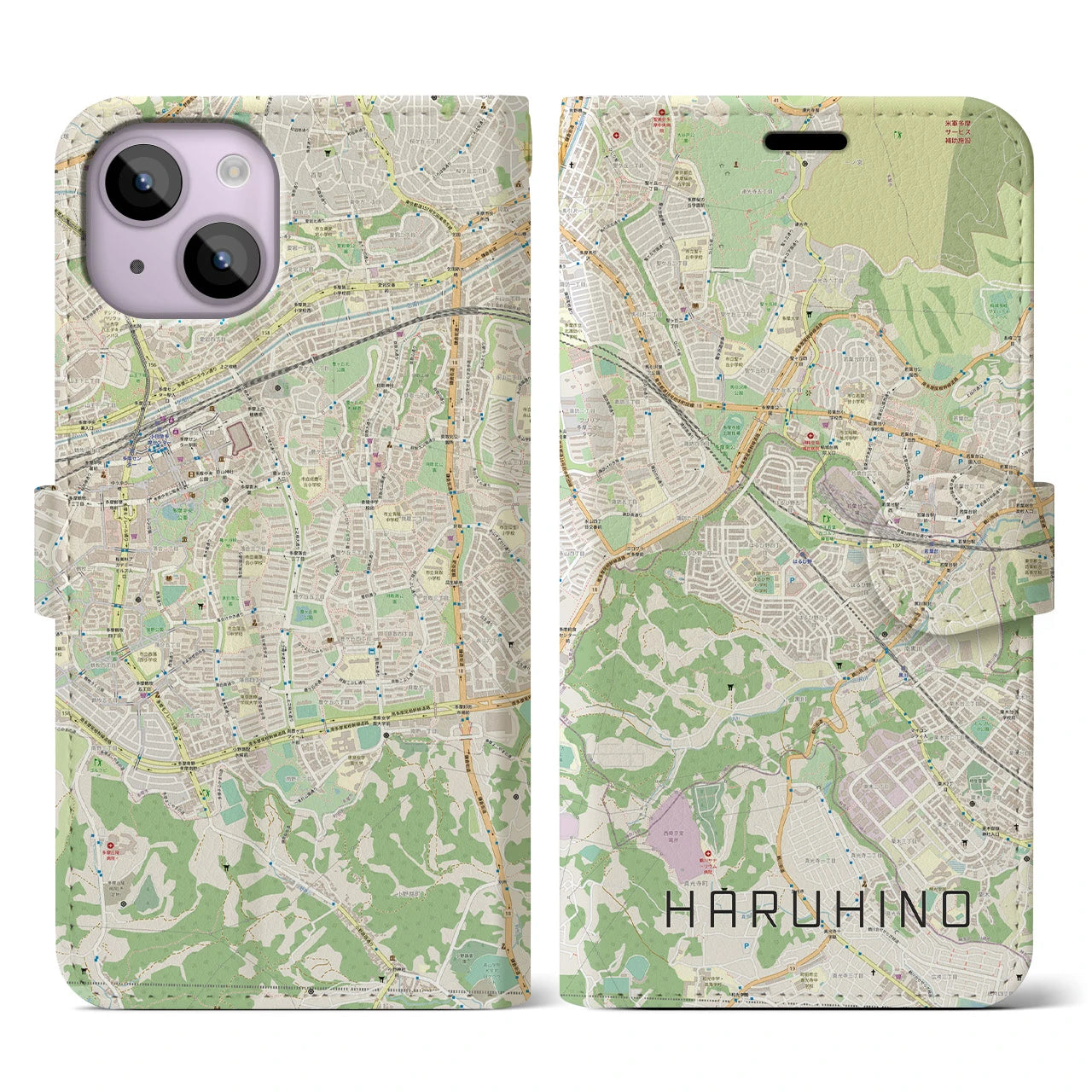 【はるひ野】地図柄iPhoneケース（手帳両面タイプ・ナチュラル）iPhone 14 用