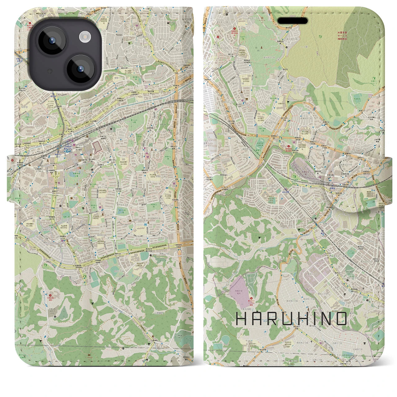 【はるひ野】地図柄iPhoneケース（手帳両面タイプ・ナチュラル）iPhone 14 Plus 用
