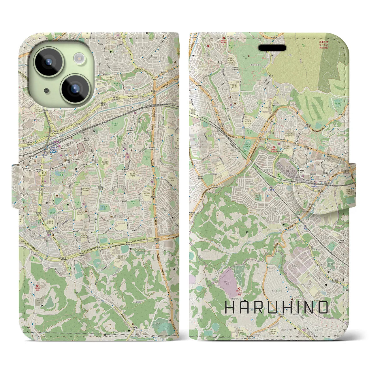 【はるひ野】地図柄iPhoneケース（手帳両面タイプ・ナチュラル）iPhone 15 用