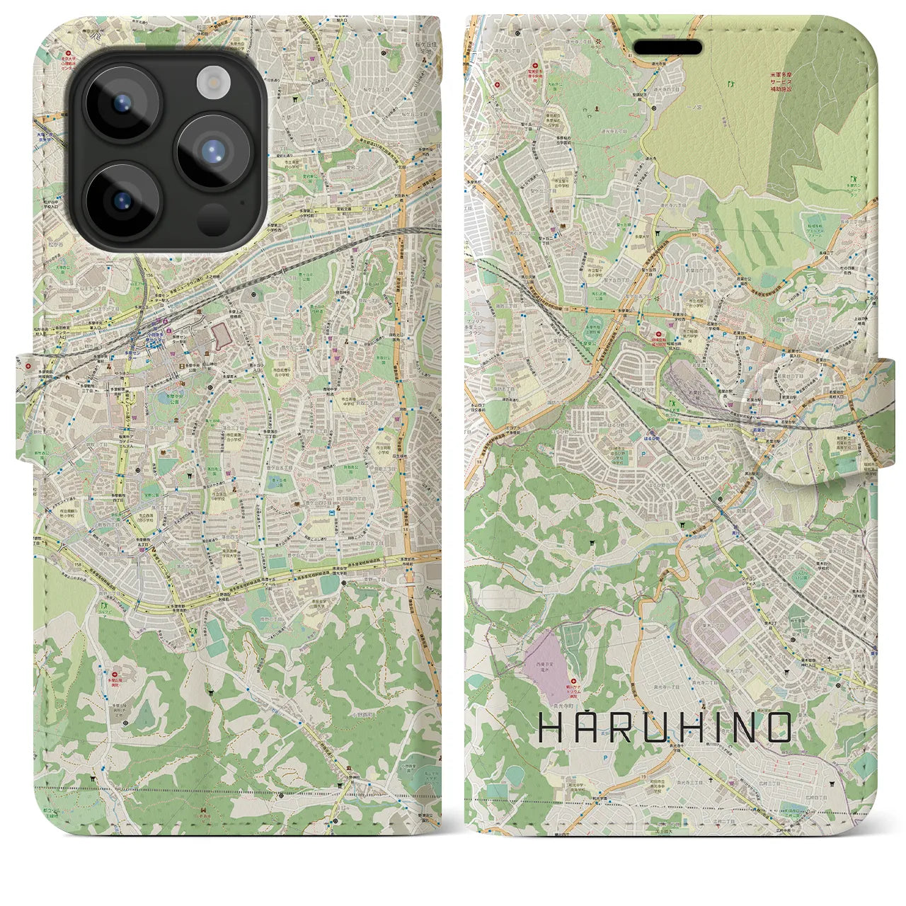 【はるひ野】地図柄iPhoneケース（手帳両面タイプ・ナチュラル）iPhone 15 Pro Max 用