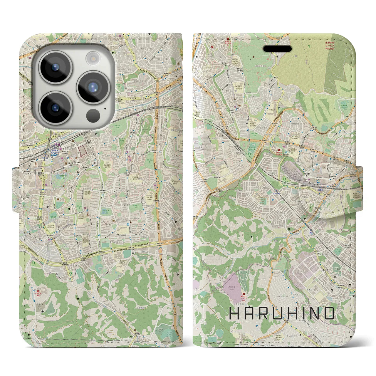 【はるひ野】地図柄iPhoneケース（手帳両面タイプ・ナチュラル）iPhone 15 Pro 用