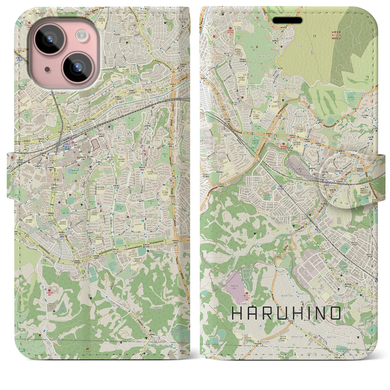 【はるひ野】地図柄iPhoneケース（手帳両面タイプ・ナチュラル）iPhone 15 Plus 用