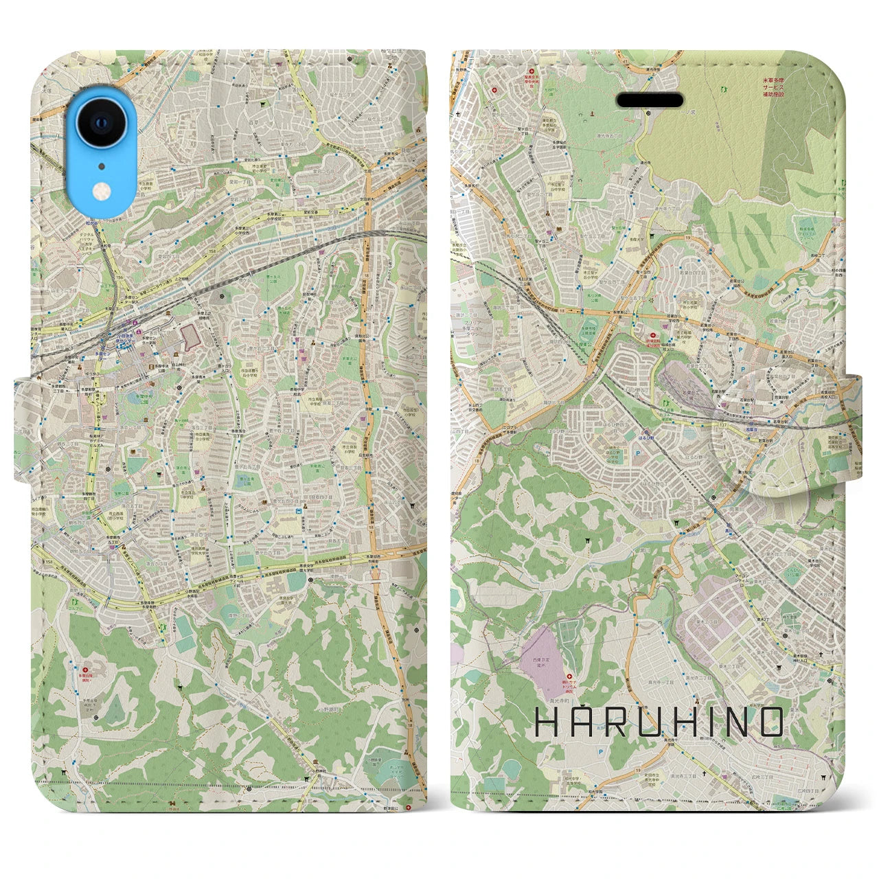 【はるひ野】地図柄iPhoneケース（手帳両面タイプ・ナチュラル）iPhone XR 用