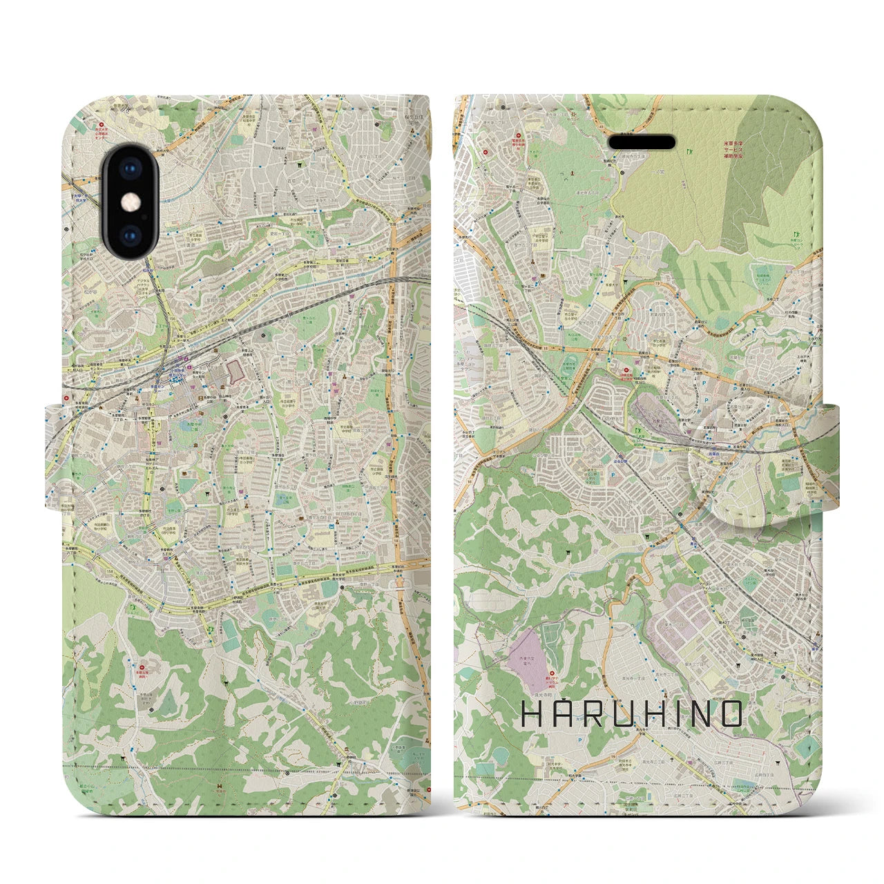 【はるひ野】地図柄iPhoneケース（手帳両面タイプ・ナチュラル）iPhone XS / X 用