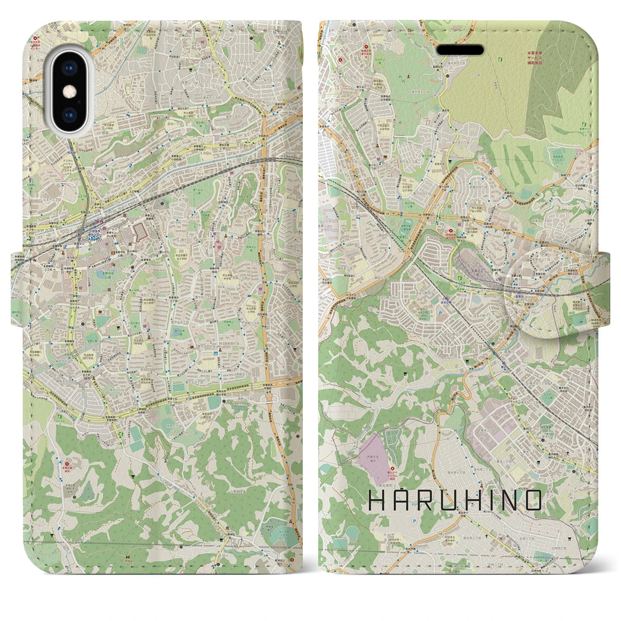 【はるひ野】地図柄iPhoneケース（手帳両面タイプ・ナチュラル）iPhone XS Max 用