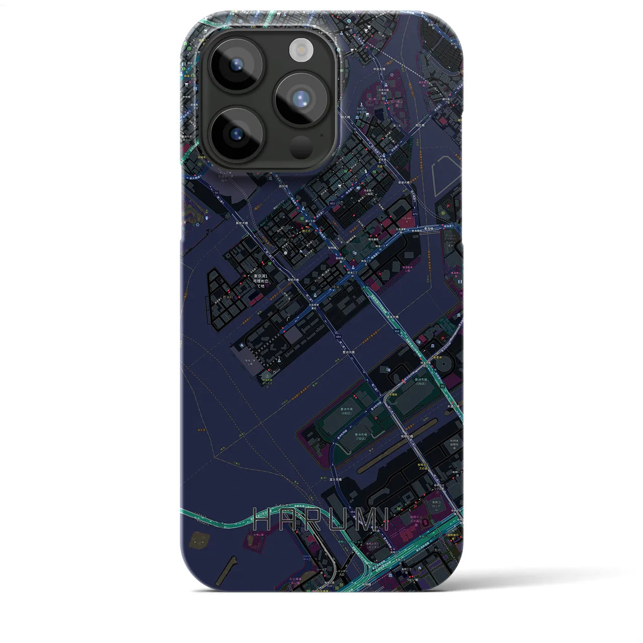 【晴海】地図柄iPhoneケース（バックカバータイプ・ブラック）iPhone 15 Pro Max 用