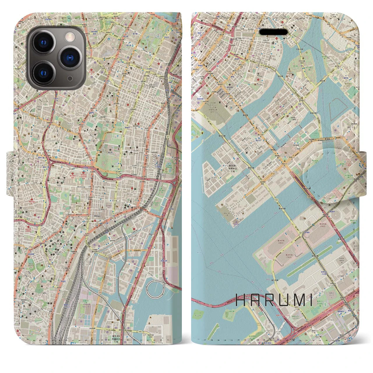 【晴海】地図柄iPhoneケース（手帳両面タイプ・ナチュラル）iPhone 11 Pro Max 用