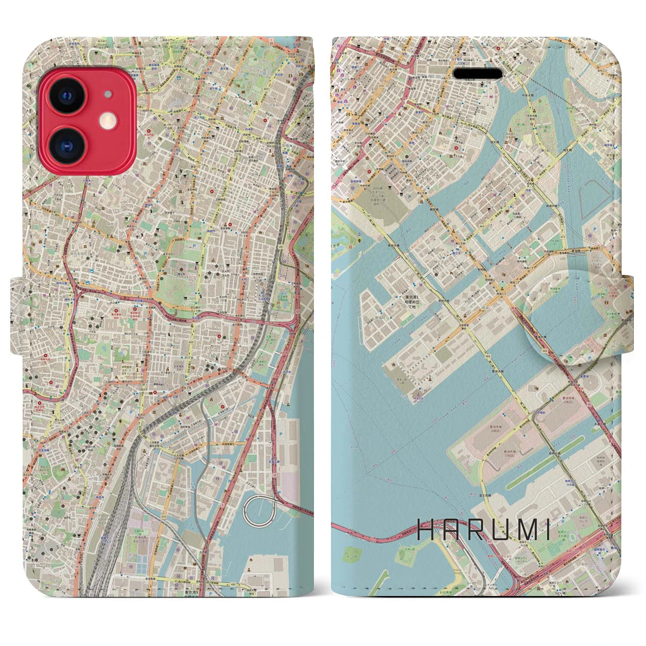 【晴海】地図柄iPhoneケース（手帳両面タイプ・ナチュラル）iPhone 11 用