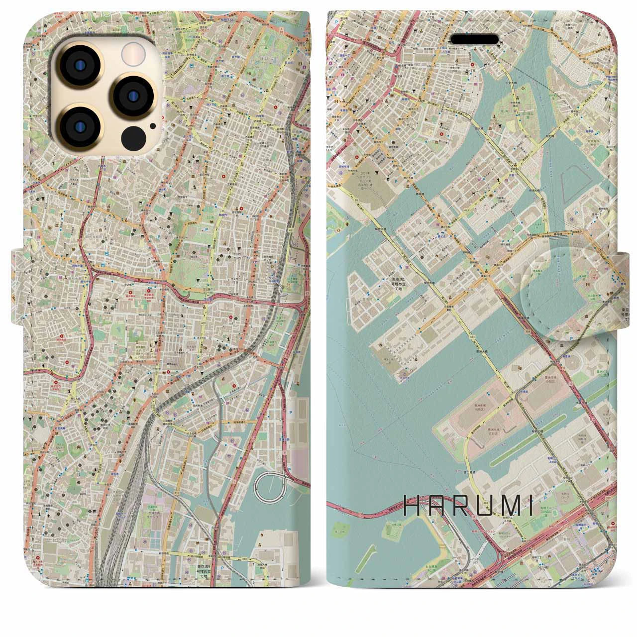 【晴海】地図柄iPhoneケース（手帳両面タイプ・ナチュラル）iPhone 12 Pro Max 用
