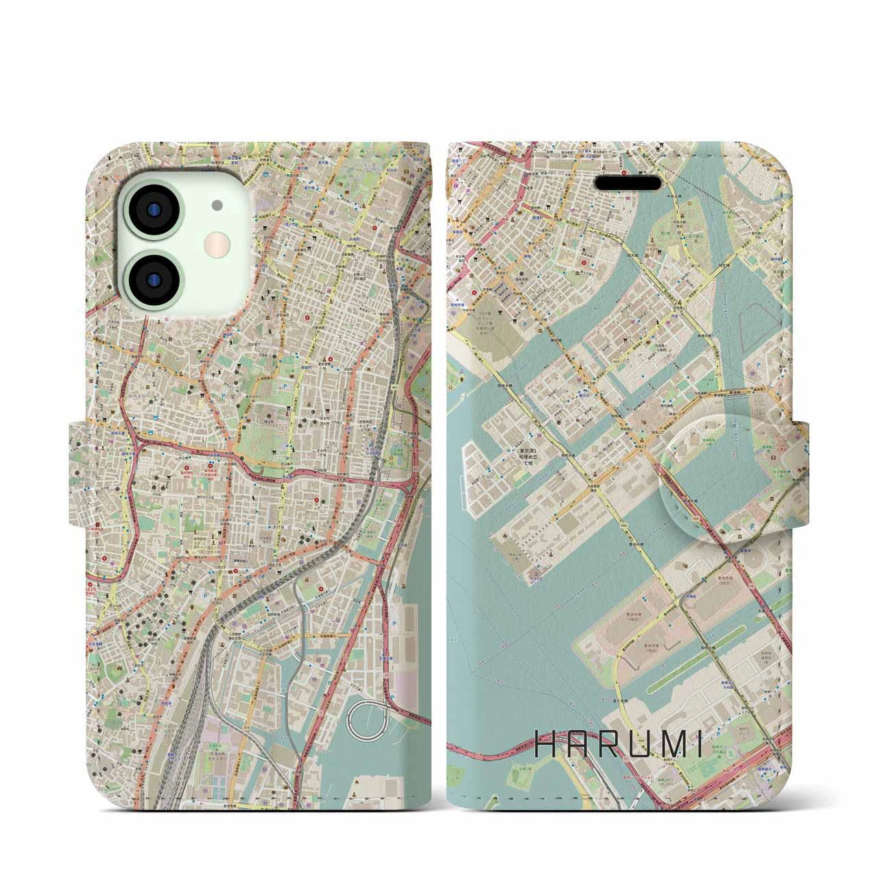 【晴海】地図柄iPhoneケース（手帳両面タイプ・ナチュラル）iPhone 12 mini 用