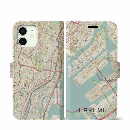 【晴海（東京都）】地図柄iPhoneケース（手帳タイプ）ナチュラル・iPhone 12 mini 用