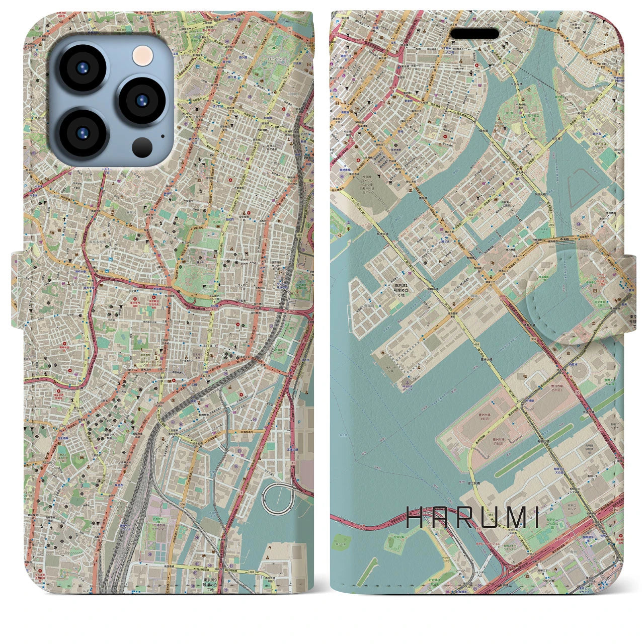 【晴海】地図柄iPhoneケース（手帳両面タイプ・ナチュラル）iPhone 13 Pro Max 用