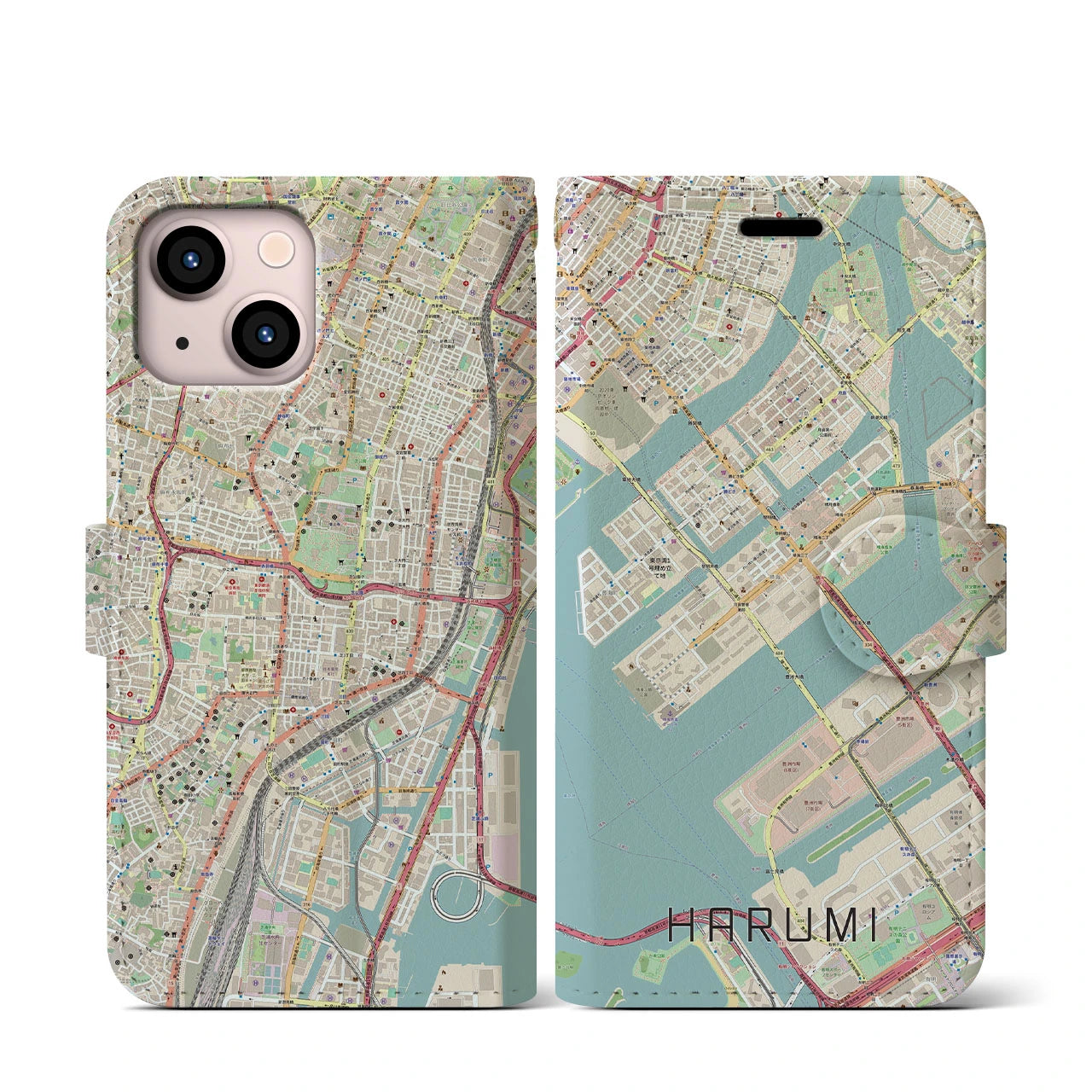 【晴海】地図柄iPhoneケース（手帳両面タイプ・ナチュラル）iPhone 13 mini 用
