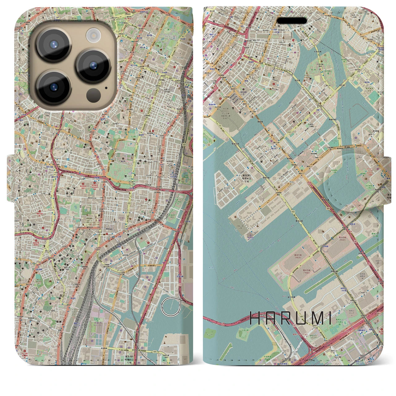 【晴海】地図柄iPhoneケース（手帳両面タイプ・ナチュラル）iPhone 14 Pro Max 用