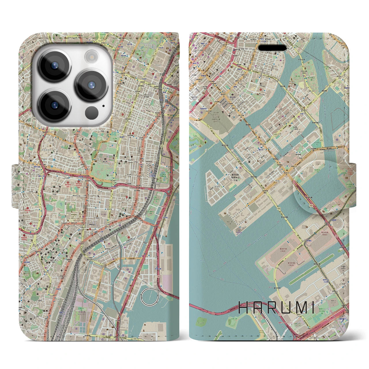 【晴海】地図柄iPhoneケース（手帳両面タイプ・ナチュラル）iPhone 14 Pro 用