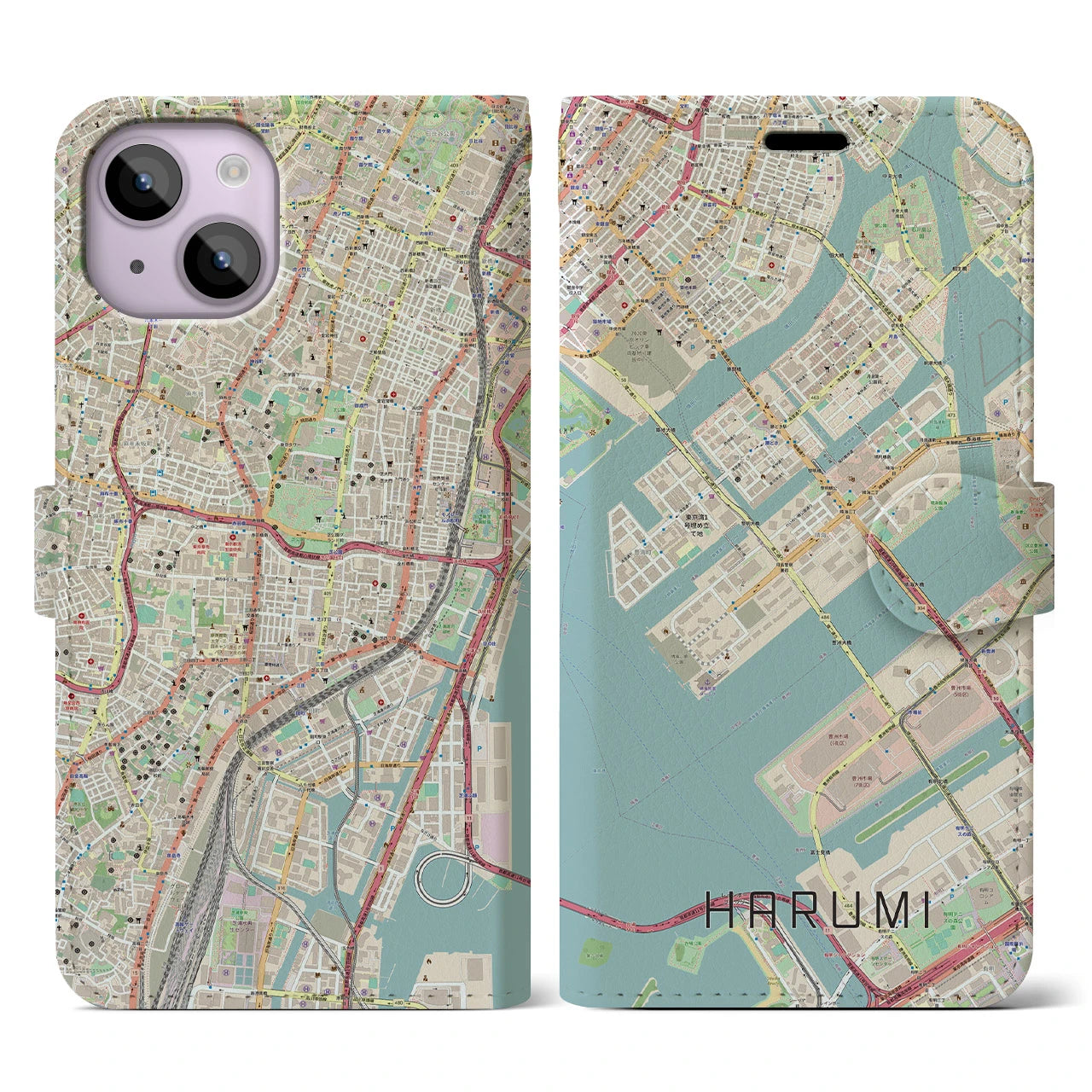 【晴海】地図柄iPhoneケース（手帳両面タイプ・ナチュラル）iPhone 14 用