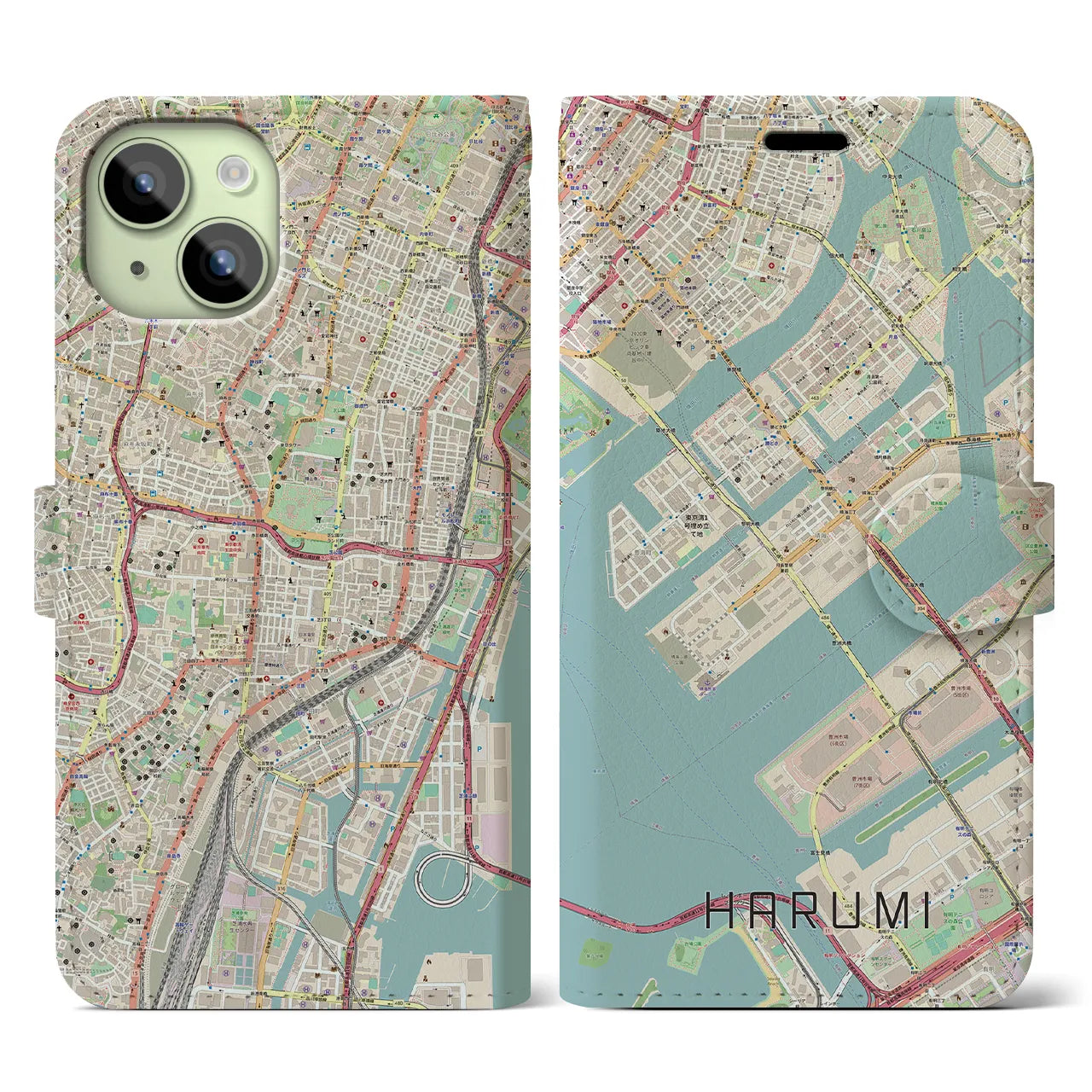【晴海】地図柄iPhoneケース（手帳両面タイプ・ナチュラル）iPhone 15 用