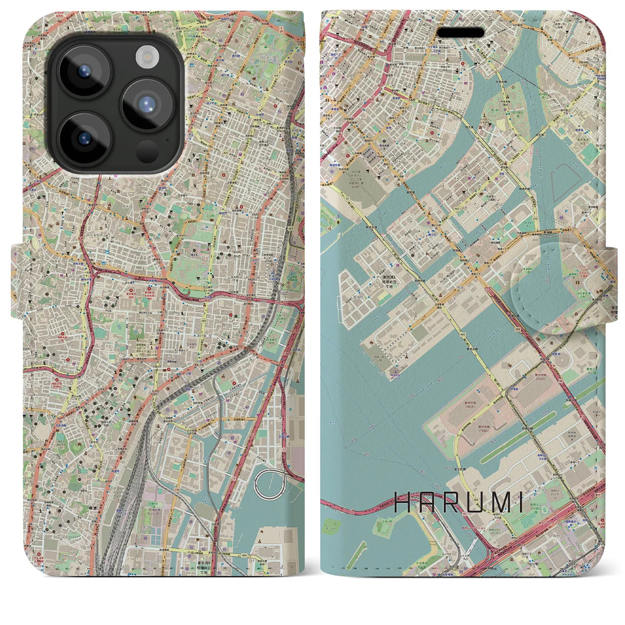 【晴海】地図柄iPhoneケース（手帳両面タイプ・ナチュラル）iPhone 15 Pro Max 用