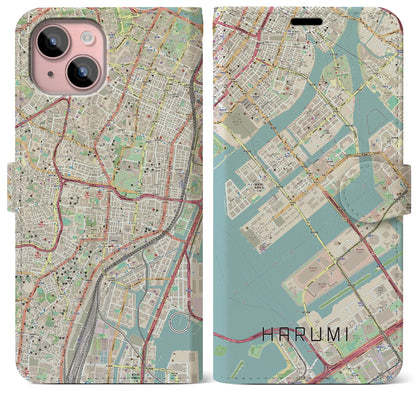 【晴海（東京都）】地図柄iPhoneケース（手帳タイプ）ナチュラル・iPhone 15 Plus 用