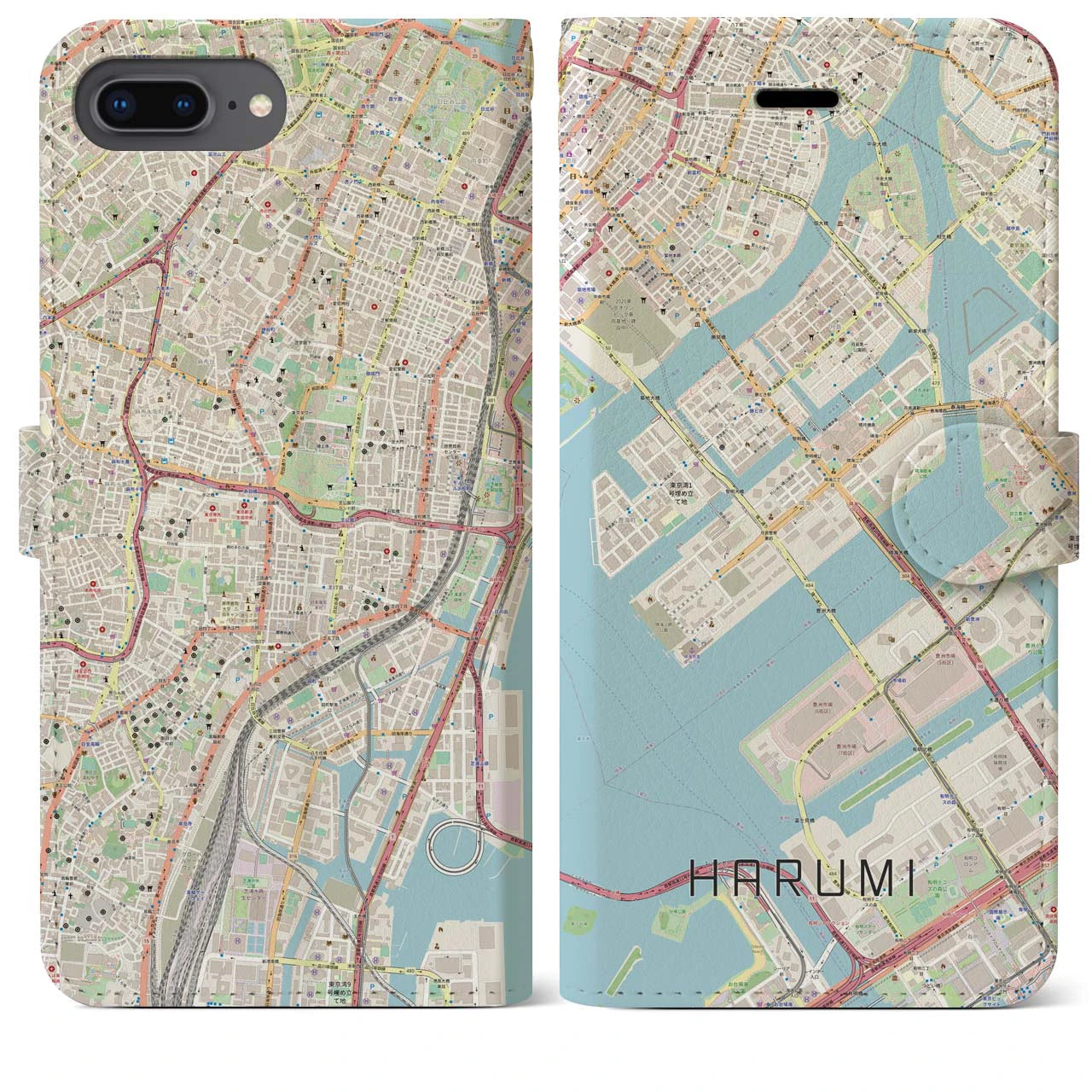 【晴海】地図柄iPhoneケース（手帳両面タイプ・ナチュラル）iPhone 8Plus /7Plus / 6sPlus / 6Plus 用