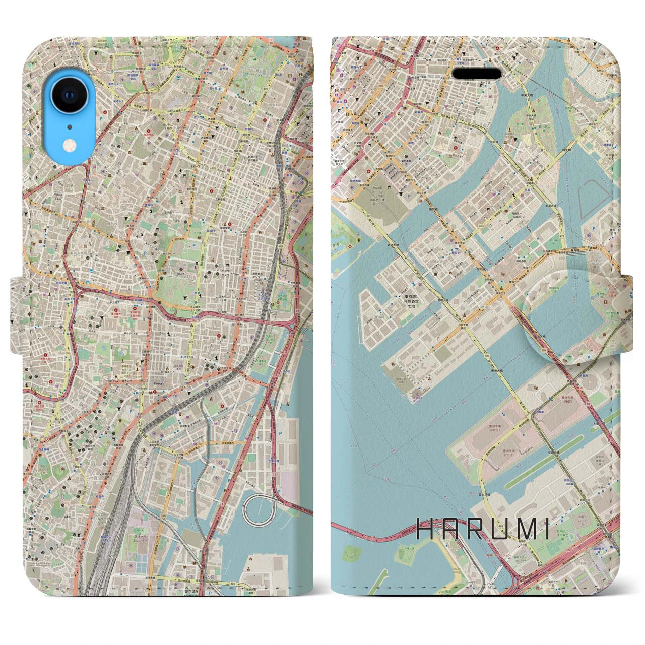 【晴海】地図柄iPhoneケース（手帳両面タイプ・ナチュラル）iPhone XR 用