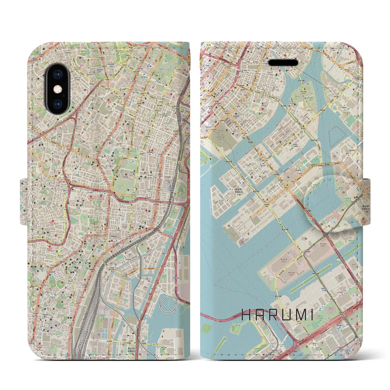 【晴海】地図柄iPhoneケース（手帳両面タイプ・ナチュラル）iPhone XS / X 用