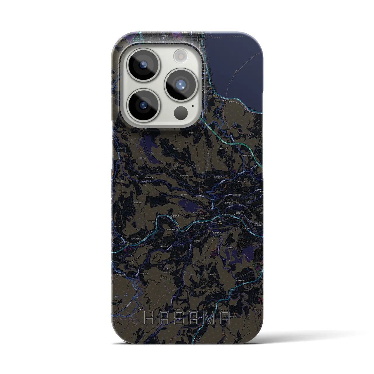 【挾間】地図柄iPhoneケース（バックカバータイプ・ブラック）iPhone 15 Pro 用