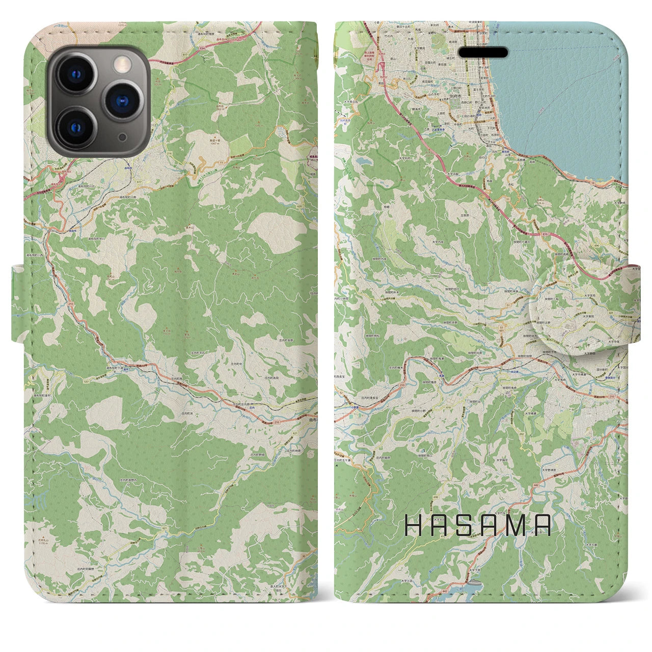 【挾間】地図柄iPhoneケース（手帳両面タイプ・ナチュラル）iPhone 11 Pro Max 用