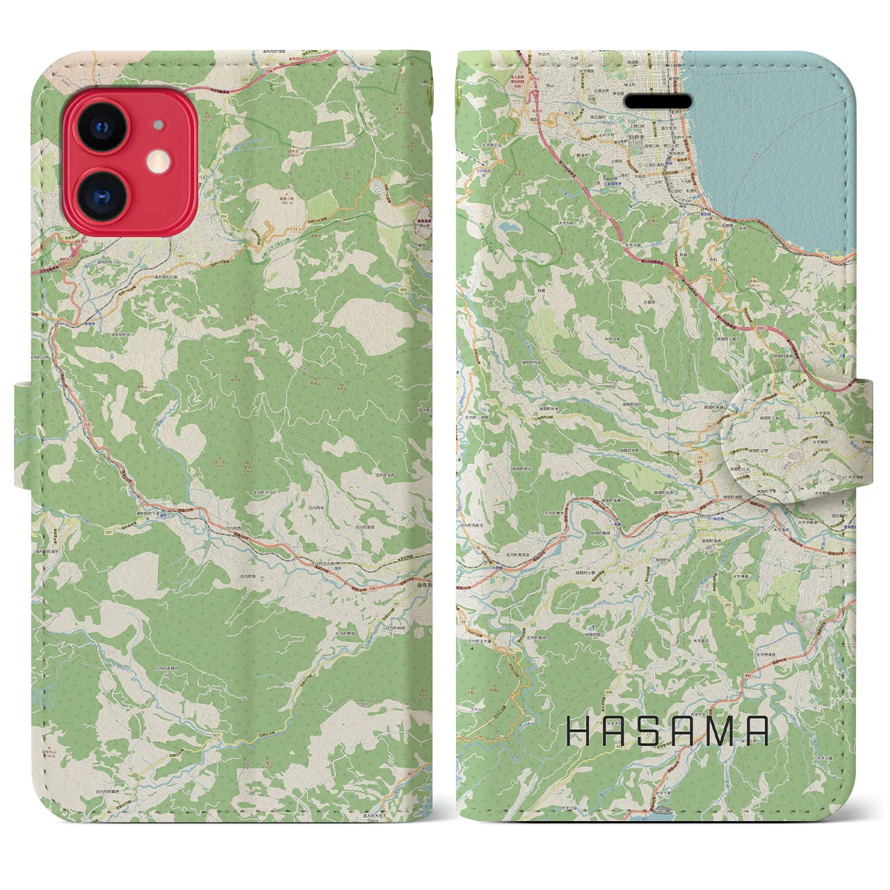 【挾間】地図柄iPhoneケース（手帳両面タイプ・ナチュラル）iPhone 11 用