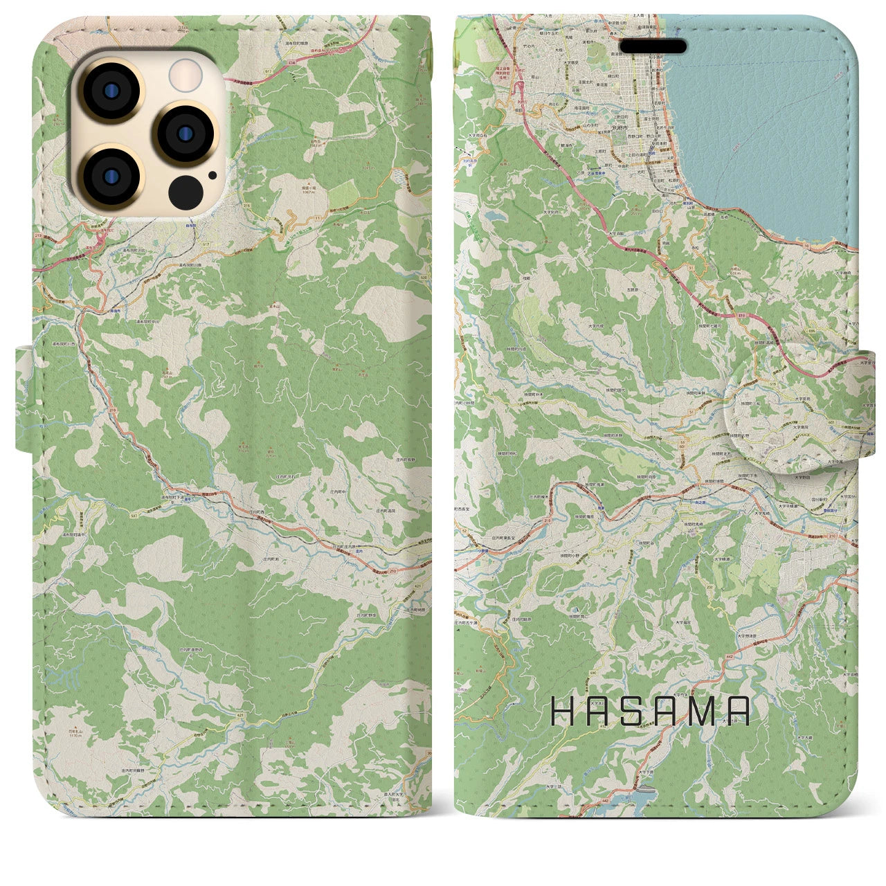 【挾間】地図柄iPhoneケース（手帳両面タイプ・ナチュラル）iPhone 12 Pro Max 用