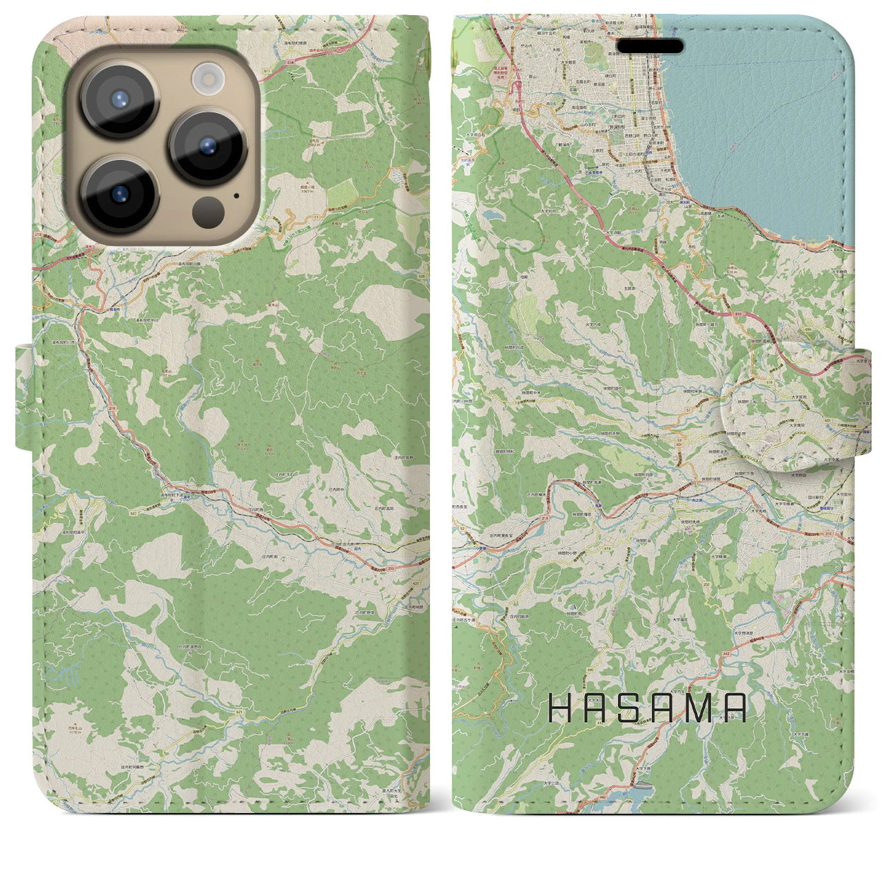 【挾間】地図柄iPhoneケース（手帳両面タイプ・ナチュラル）iPhone 14 Pro Max 用