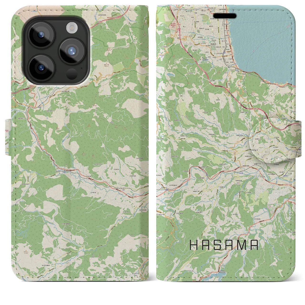 【挾間】地図柄iPhoneケース（手帳両面タイプ・ナチュラル）iPhone 15 Pro Max 用