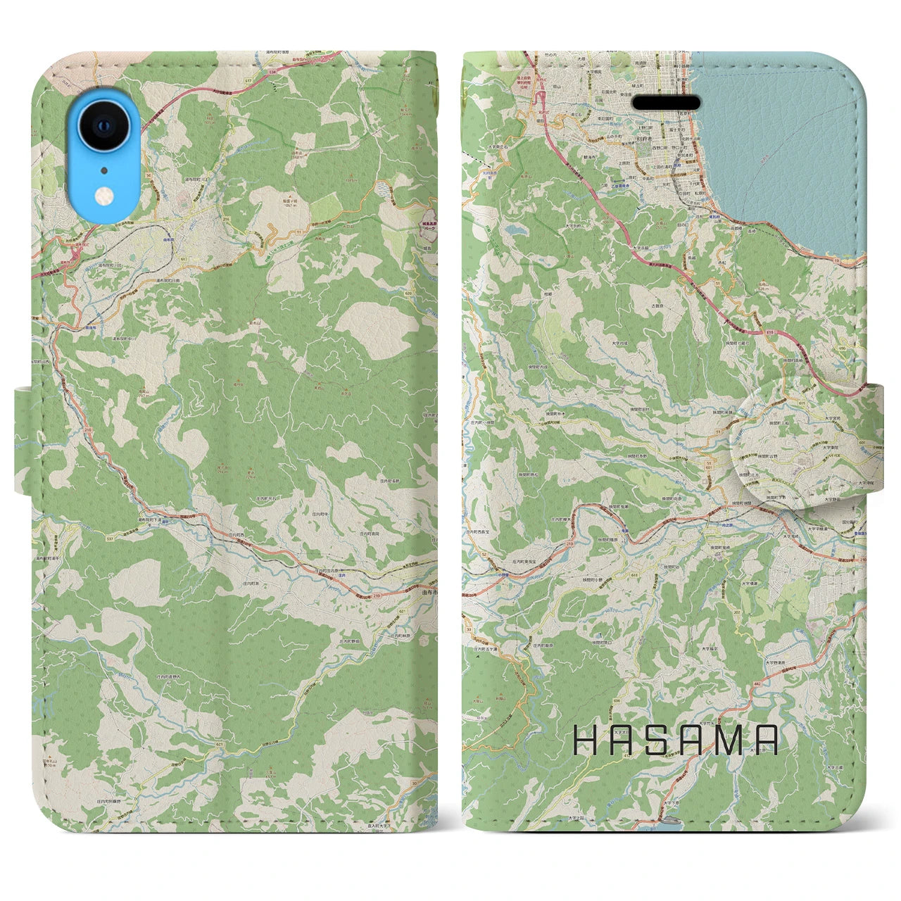 【挾間】地図柄iPhoneケース（手帳両面タイプ・ナチュラル）iPhone XR 用
