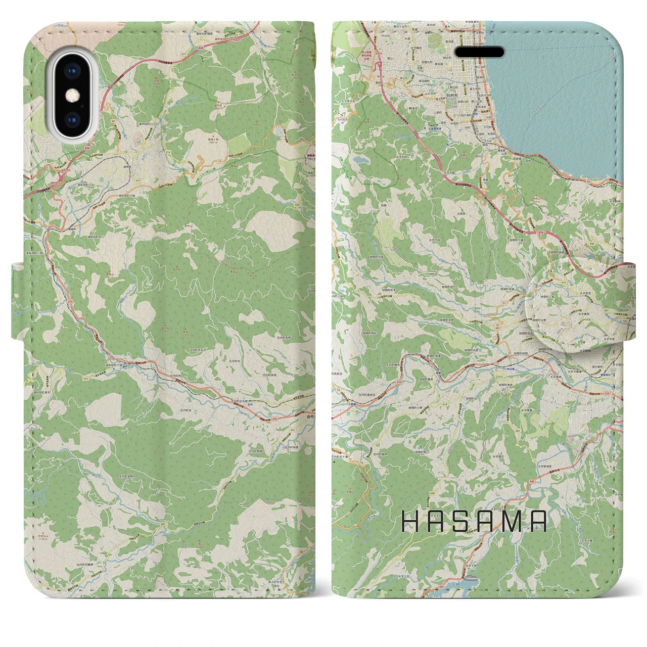 【挾間】地図柄iPhoneケース（手帳両面タイプ・ナチュラル）iPhone XS Max 用