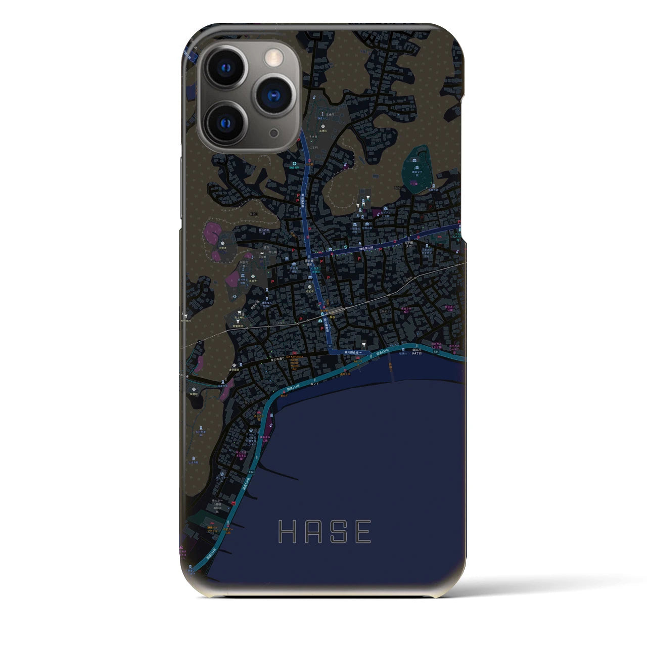 【長谷】地図柄iPhoneケース（バックカバータイプ・ブラック）iPhone 11 Pro Max 用