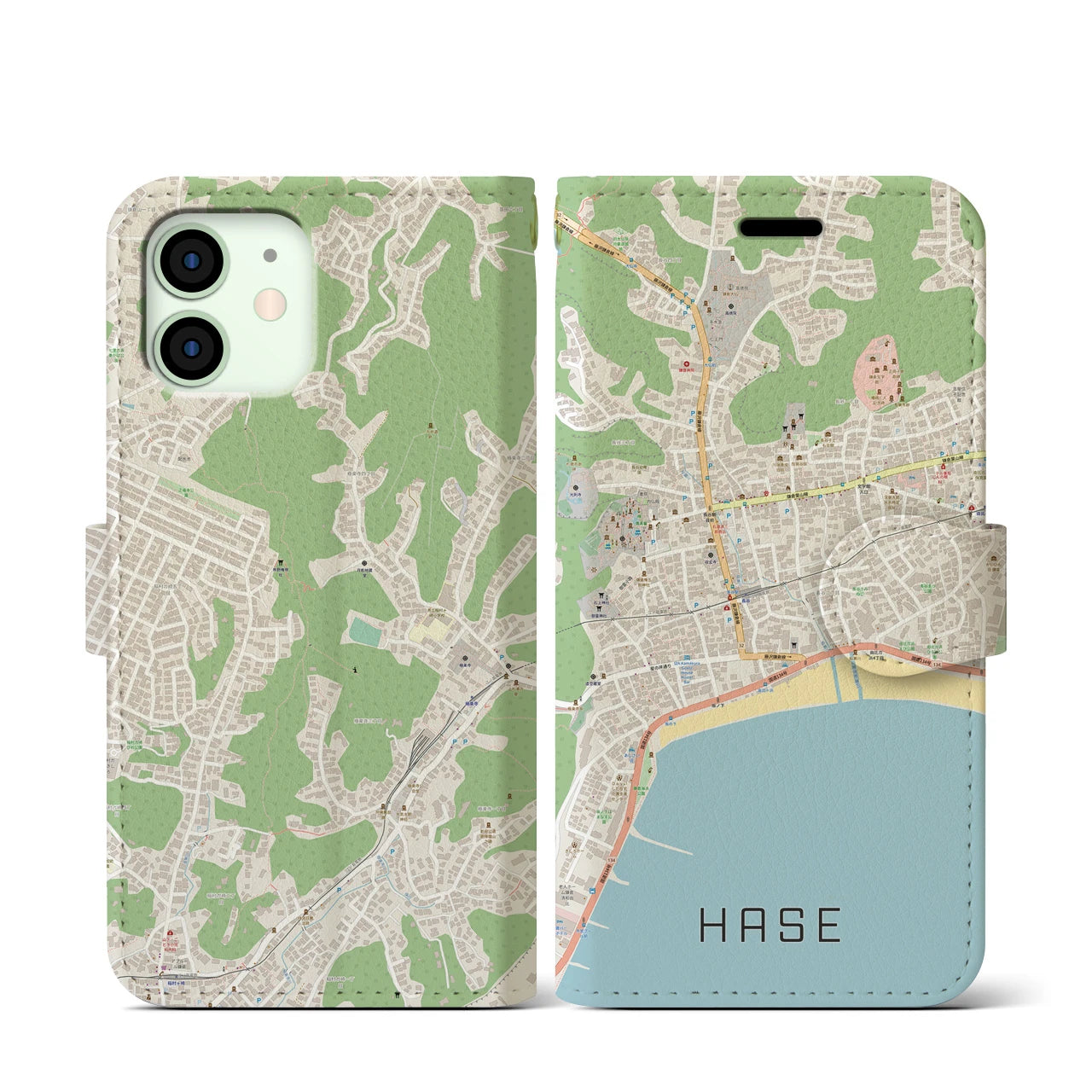 【長谷】地図柄iPhoneケース（手帳両面タイプ・ナチュラル）iPhone 12 mini 用