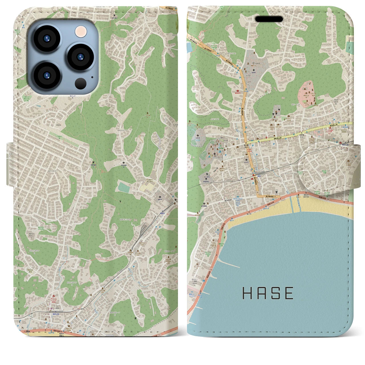 【長谷】地図柄iPhoneケース（手帳両面タイプ・ナチュラル）iPhone 13 Pro Max 用