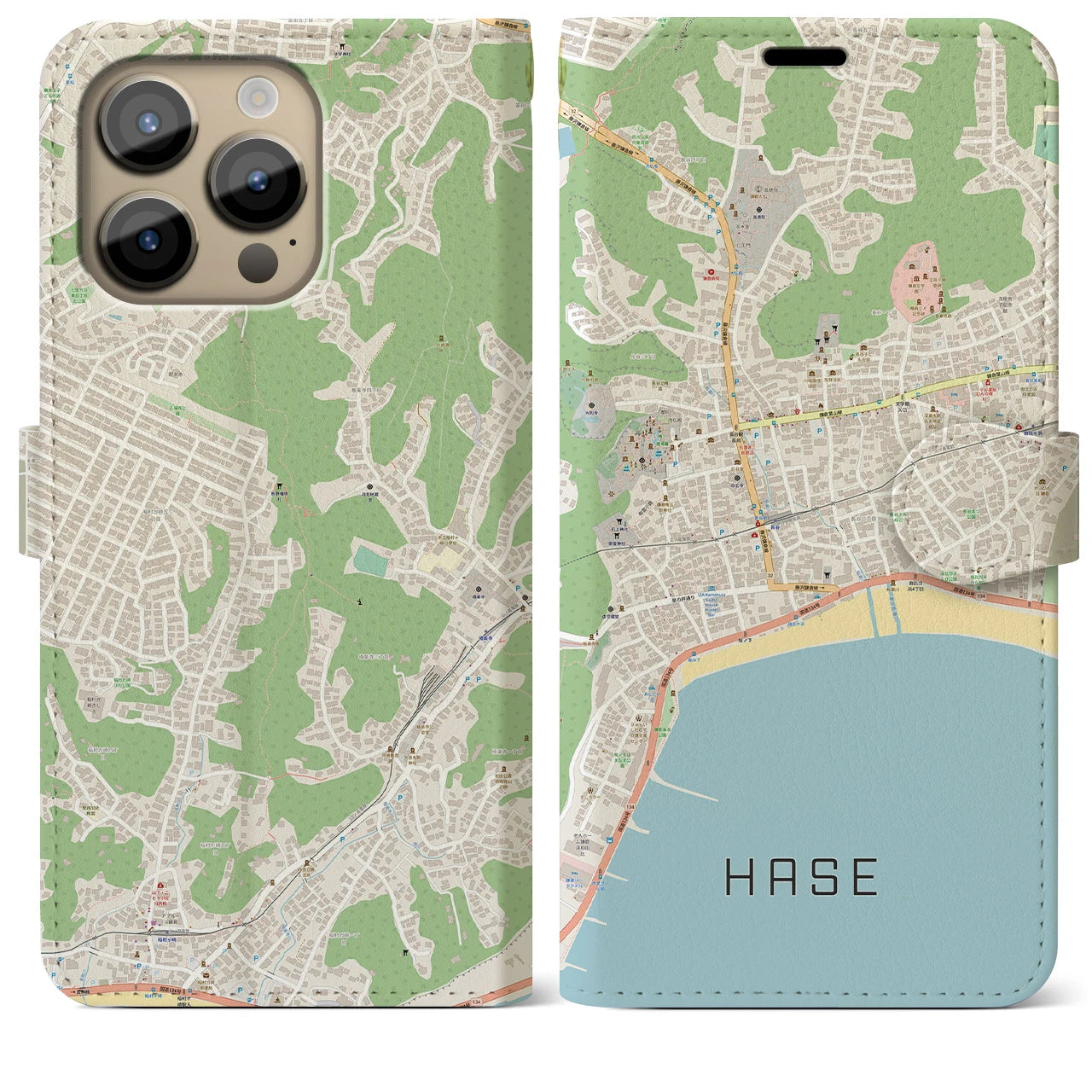 【長谷】地図柄iPhoneケース（手帳両面タイプ・ナチュラル）iPhone 14 Pro Max 用