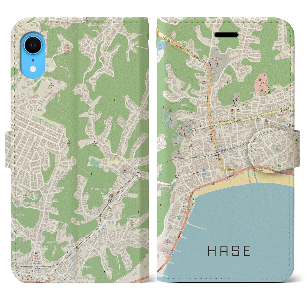 【長谷】地図柄iPhoneケース（手帳両面タイプ・ナチュラル）iPhone XR 用
