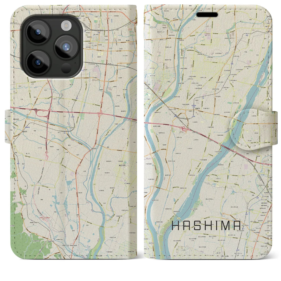 【羽島】地図柄iPhoneケース（手帳両面タイプ・ナチュラル）iPhone 15 Pro Max 用
